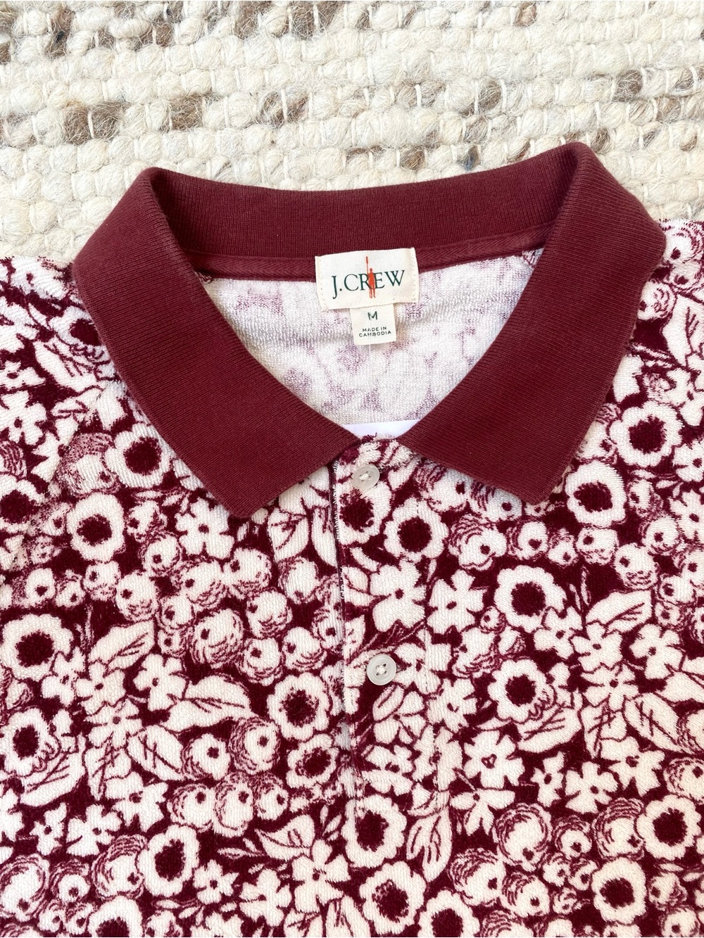 J.Crew NWOT Burgundy Cream Floral Terry Polo Shirt M - Picture 5 of 8